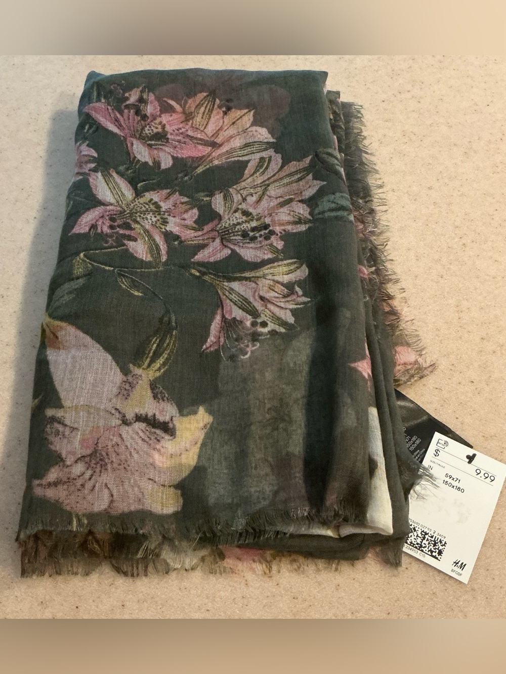 H&M Khaki  Green Floral Lightweight Scarf with Pink and Cream Blooms